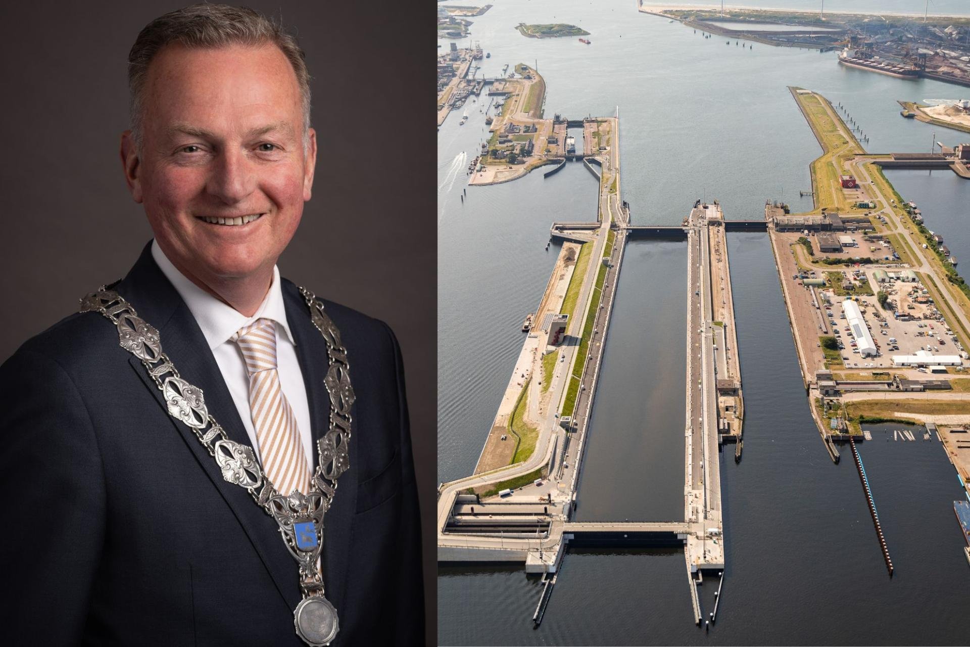 Portret burgemeester Dales met ambtsketen naast afbeelding Zeesluis IJmuiden