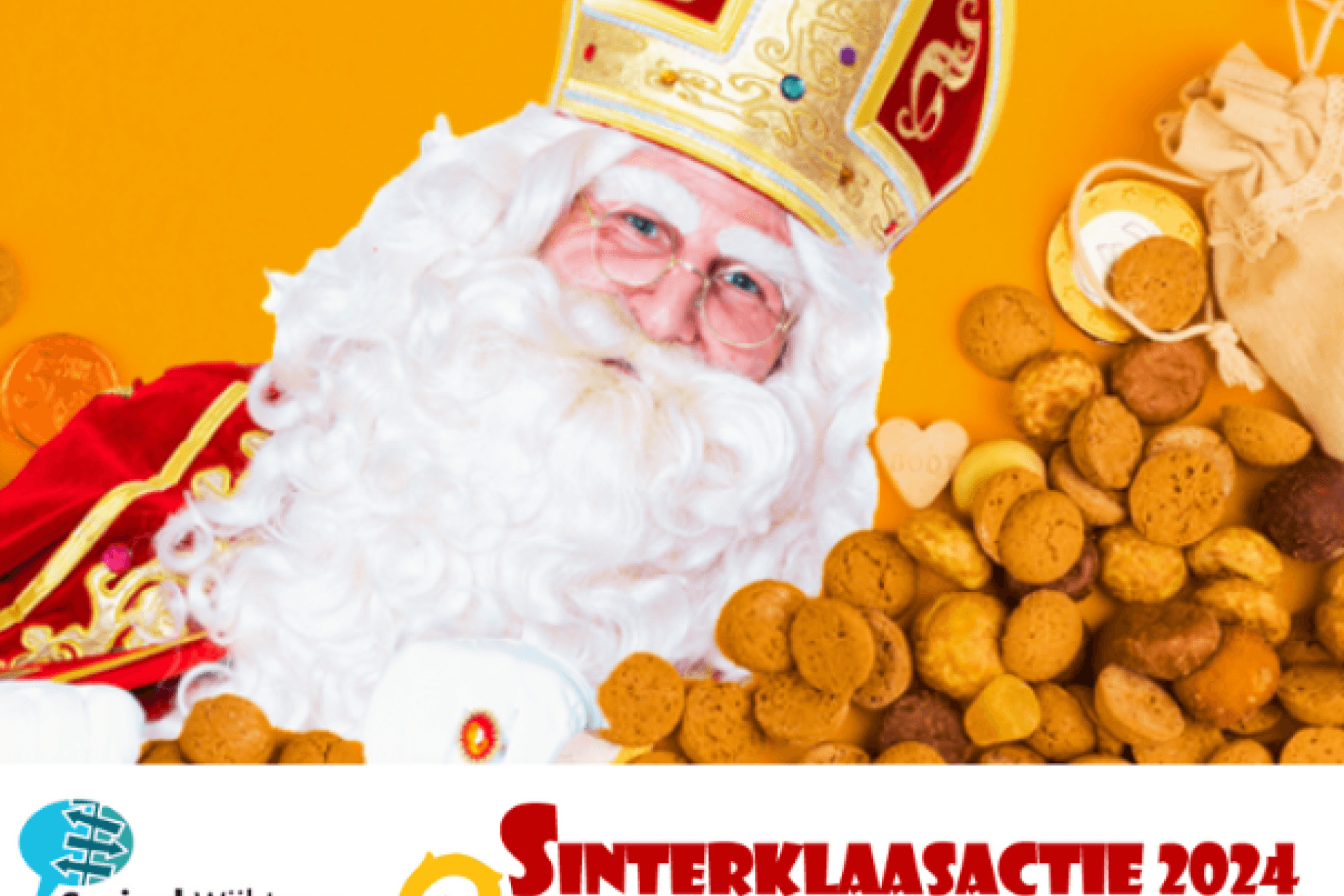 Sinterklaas met pepernoten en logo's sociaal wijkteam en Sinterklaasactie 2024